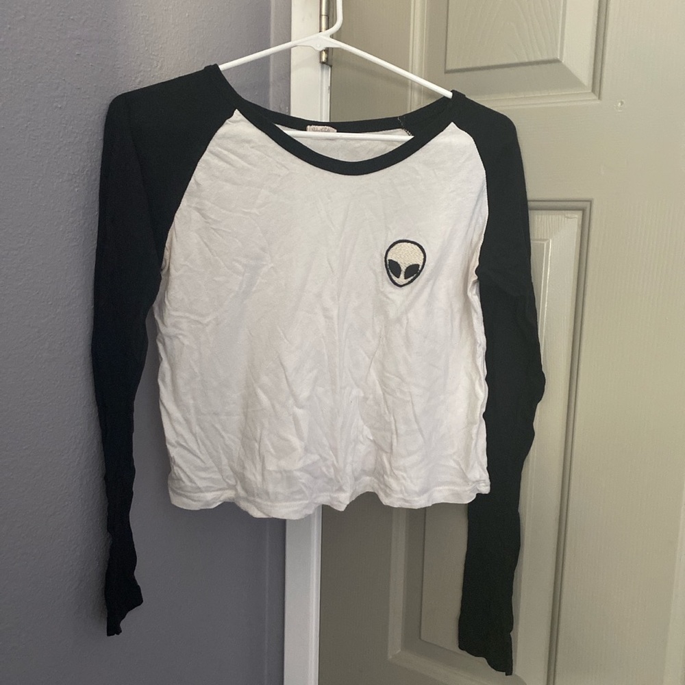 vintage brandy melville white shirt with black sleeves and alien embroidered